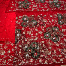 Load image into Gallery viewer, Bold Red Pearl &amp; Stone beaded Net Lace George Wrapper Set    - NLDG335

