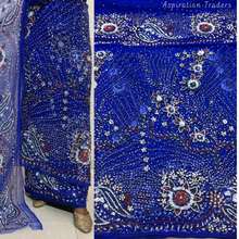 Load image into Gallery viewer, Royal Blue Heavy Crystal Stone beaded Net Lace George Wrapper Set    - NLDG336
