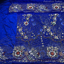 Load image into Gallery viewer, Royal Blue Heavy Crystal Stone beaded Net Lace George Wrapper Set    - NLDG336
