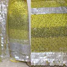 Load image into Gallery viewer, Yellow Sequins Paillettes work Net Lace George Wrapper Set    - NLDG338
