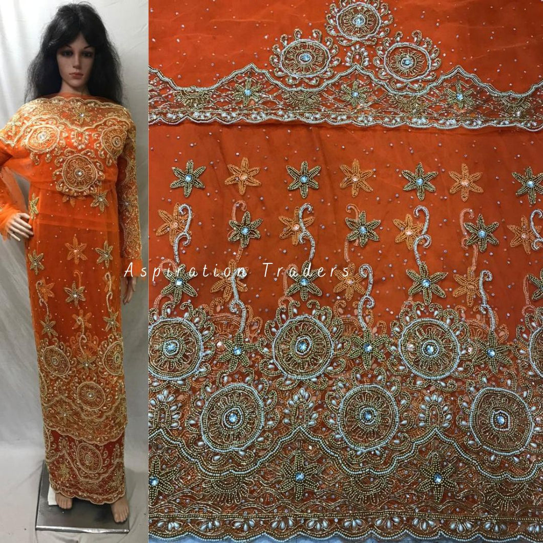 Vivid Orange Heavy Beaded Net Lace VIP George With Beaded Blouse- NLVG123