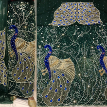 Load image into Gallery viewer, Dark Green Net fabric Peacock Design African Wedding George Fabric Wrapper Set - NLVG124
