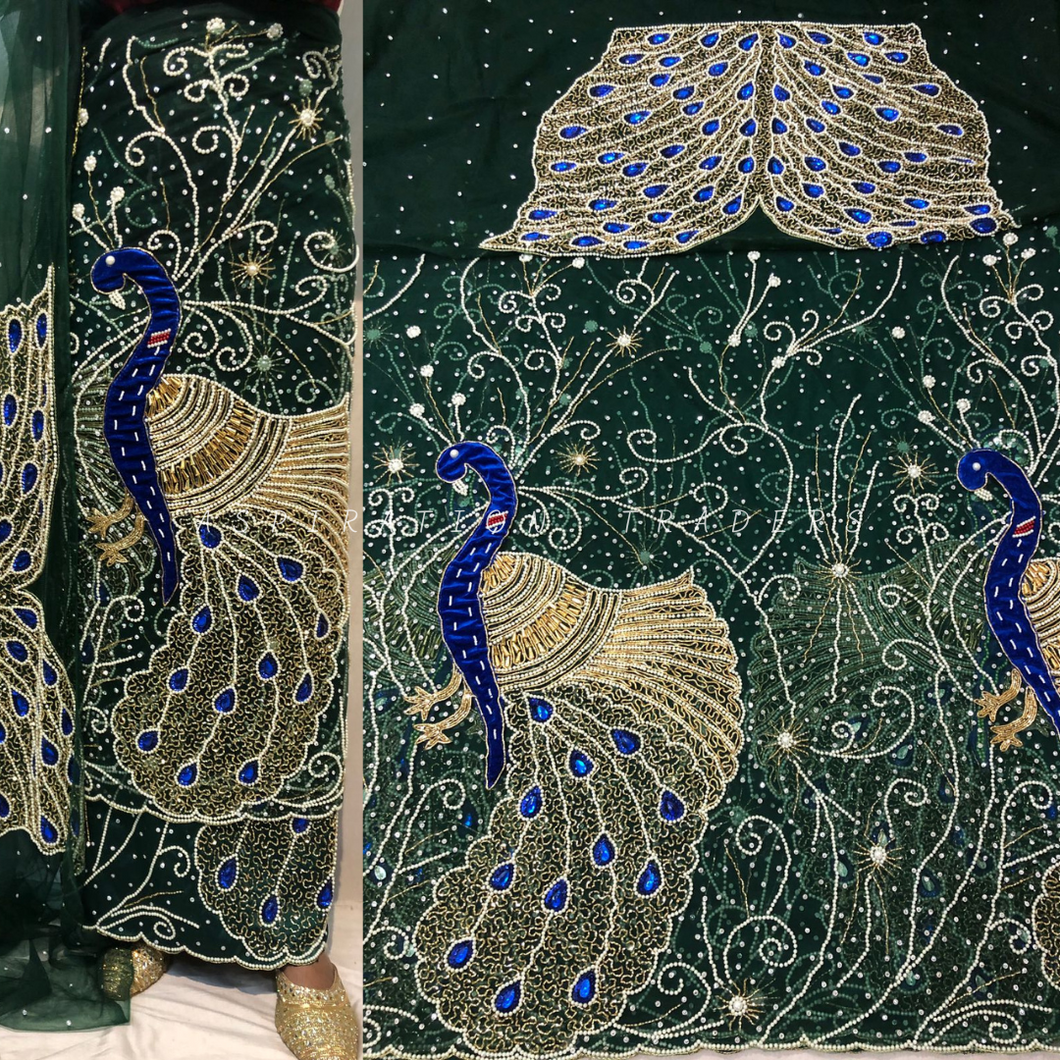 Dark Green Net fabric Peacock Design African Wedding George Fabric Wrapper Set - NLVG124