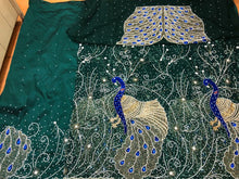 Load image into Gallery viewer, Dark Green Net fabric Peacock Design African Wedding George Fabric Wrapper Set - NLVG124
