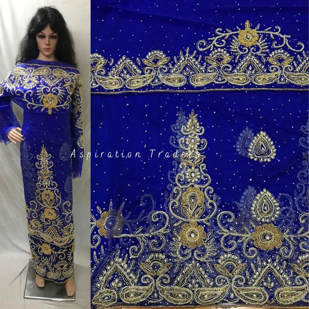 Beautiful Royal Blue Net Lace Crystal Beaded VIP George Wrapper For Igbo Brides- NLVG125