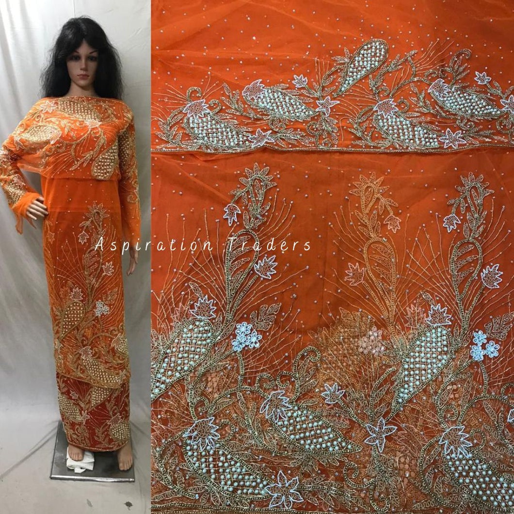 Bright Orange Heavy Beaded Net Lace VIP George With Beaded Blouse- NLVG126