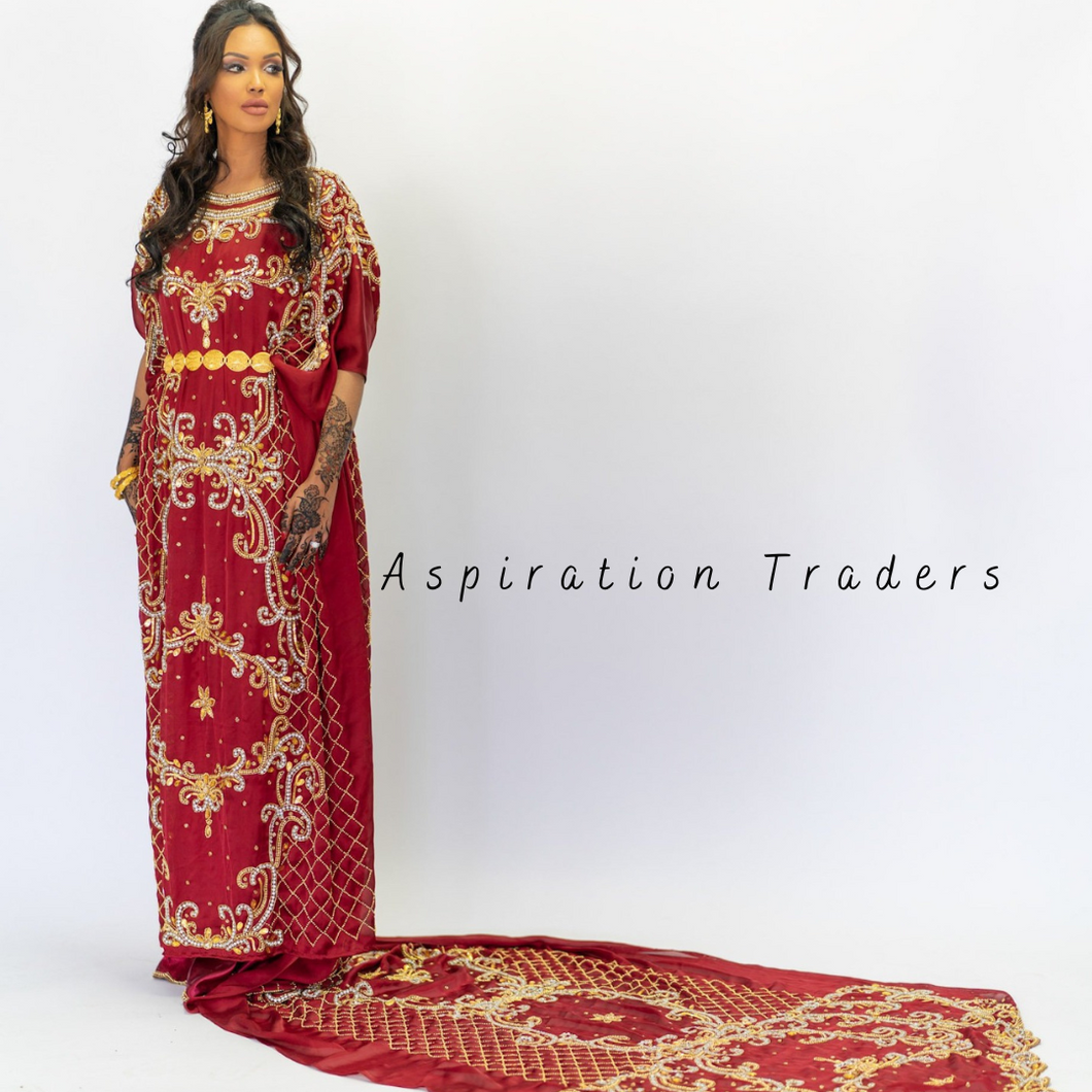 Radiant Red With Heavy Handmade Stone Beaded Satin Fabric Somali Dress - SD001