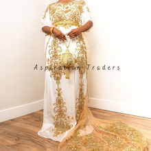 Load image into Gallery viewer, Lily White Heavy Gold French Beaded Satin Fabric Traditional Somali Dress - SD002
