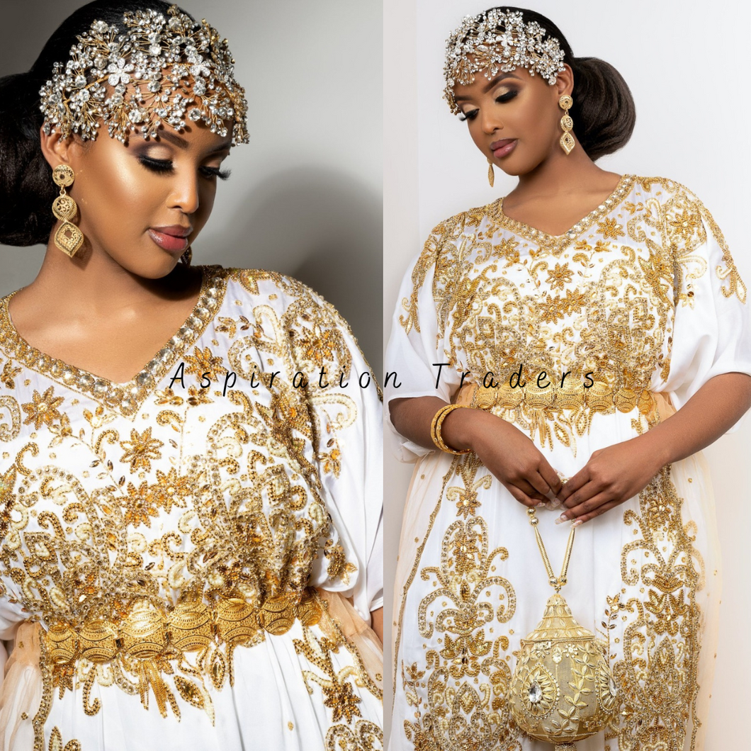 Lily White Heavy Gold French Beaded Satin Fabric Traditional Somali Dress - SD002