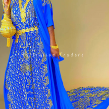 Load image into Gallery viewer, Royal Blue Traditional Gold Beaded Rhinestone Work Satin Fabric Somali Dress - SD005
