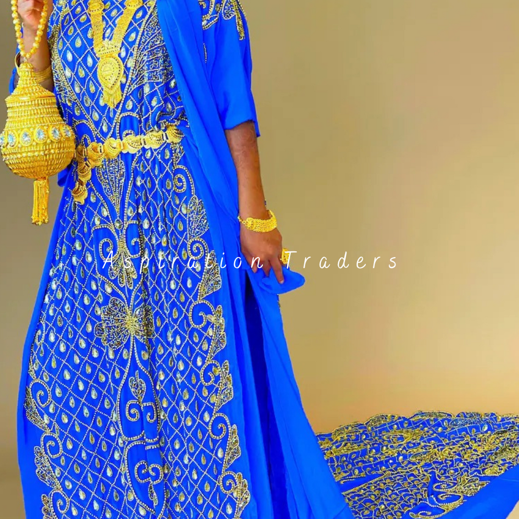 Royal Blue Traditional Gold Beaded Rhinestone Work Satin Fabric Somali Dress - SD005