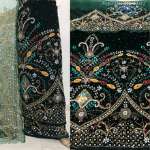 Load image into Gallery viewer, Dark green Heavy multi colour crystal stone Beaded Designer Velvet Fabric George Set - VG102
