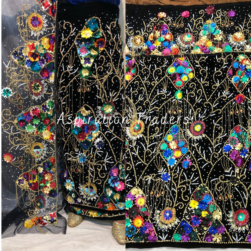 Black Multi colored Designer Velvet Fabric Heavy Beaded VIP George Wrapper With Blouse- VG038
