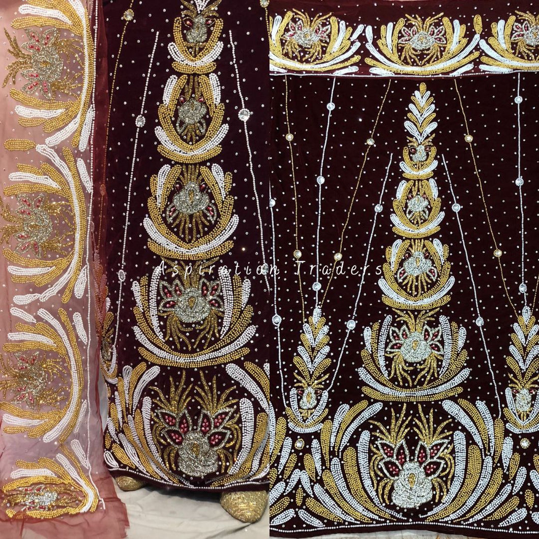 Gorgeous Burgundy Velvet Heavily Beaded Nigerian George wrapper set - VG039