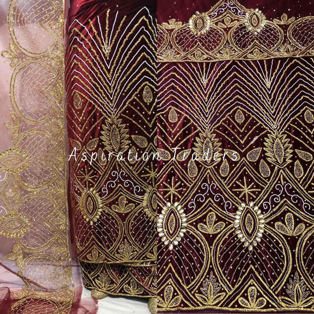 Burgundy Designer Velvet Fabric Heavy Beaded VIP George Wrapper With Blouse- VG043