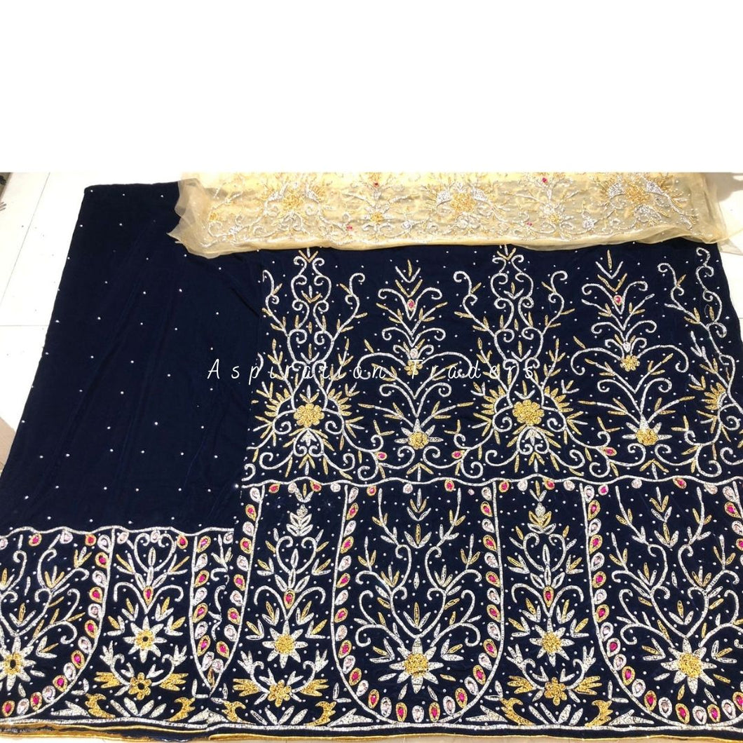 Stunning Navy Blue Velvet Fabric Hand work George Wrapper with contrast blouse - VG044