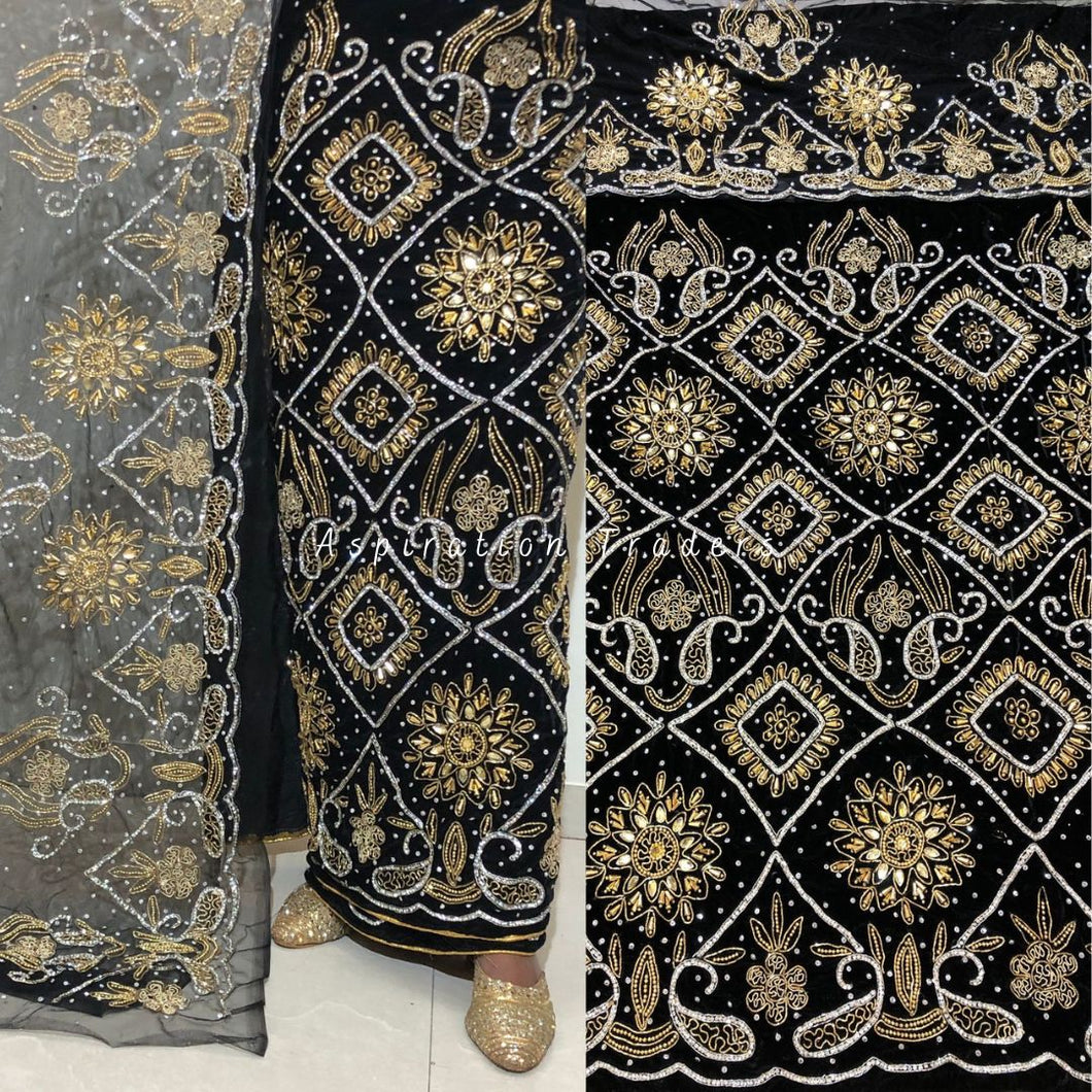 Beautiful Black color Velvet Fabric Heavy beaded Net Fabric Blouse George wrapper set - VG046