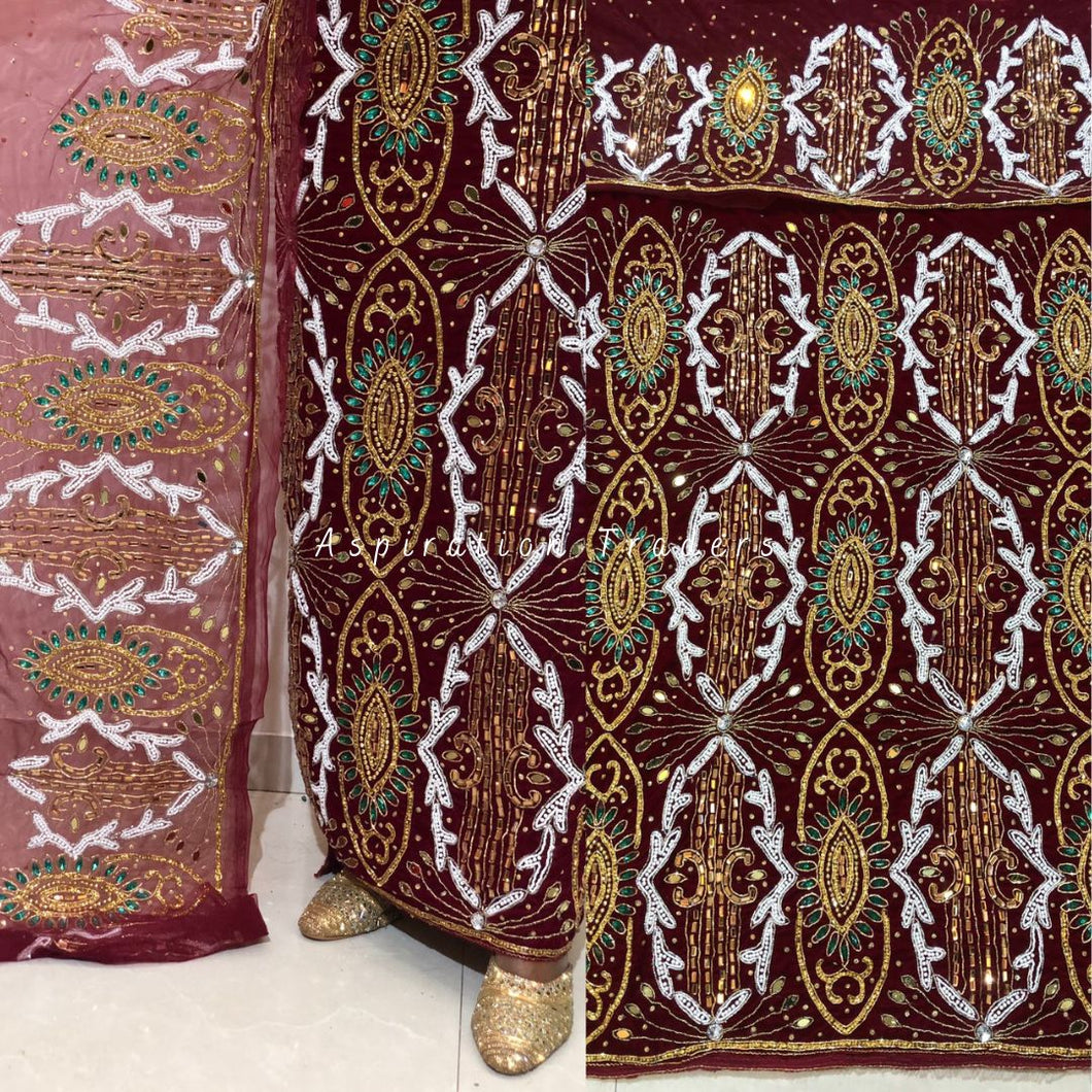 Ravishing Burgundy Velvet Heavily Beaded Nigerian George wrapper set - VG049