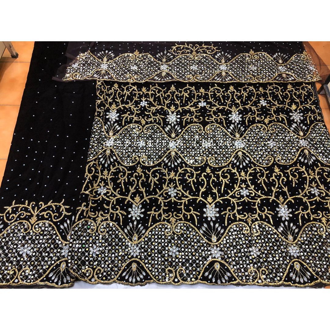 Stunning Black Velvet Heavily Beaded Nigerian George wrapper set - VG0 ...