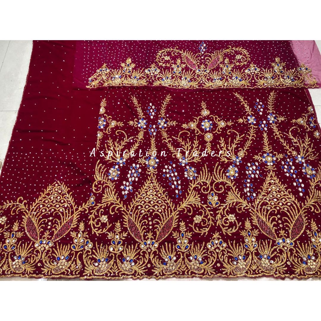 Beautiful Burgundy Velvet Fabric Heavy beaded George wrapper set - VG0 ...