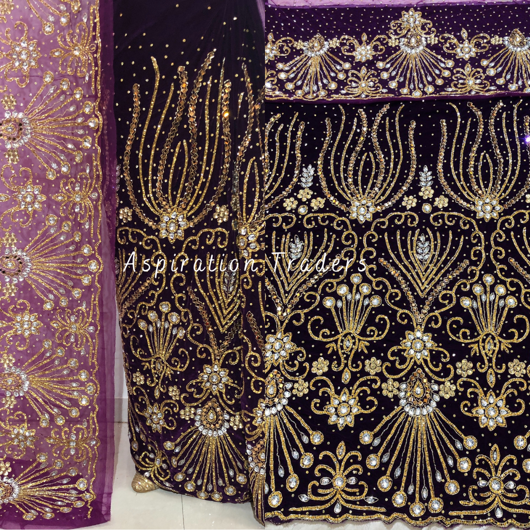 Dark Magenta Velvet with Hand beaded Gold work George Wrapper Set- VG059