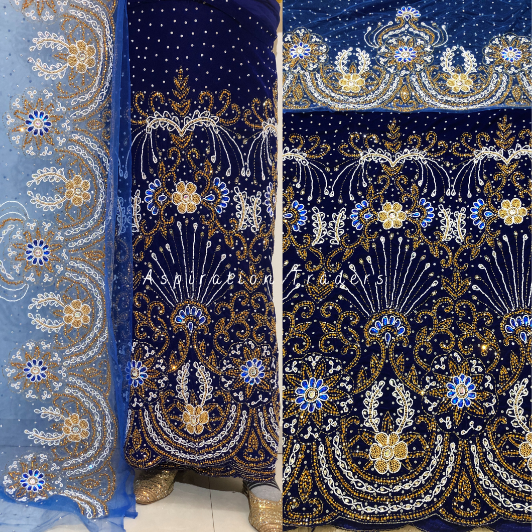Smoky Royal Blue Velvet Fabric with Heavy Beaded & Crystal Stone George wrapper set - VG062