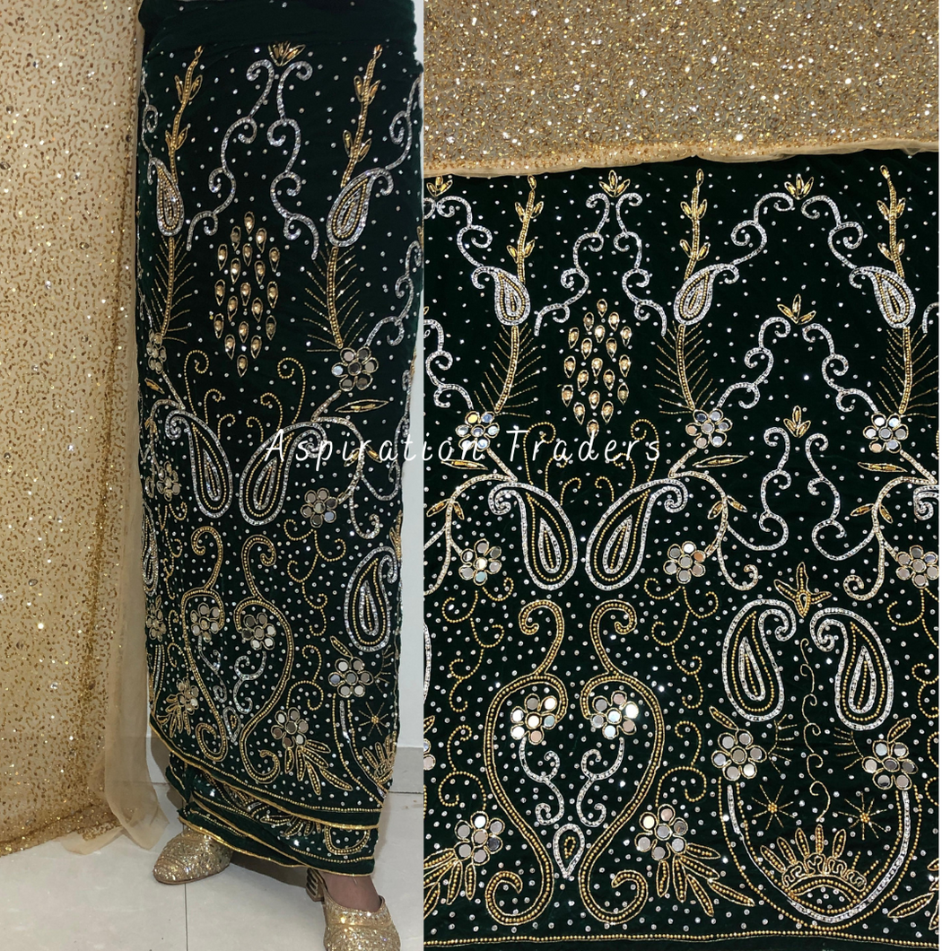 Rich Nigerian Green Mirror work & Crystal Stone Beaded Velvet George Wrapper Set With Gold Contrast Blouse  - VG064