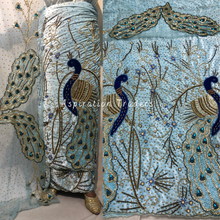 Load image into Gallery viewer, Aquatic Powder Blue Heavy Stone Work Peacock Design Velvet George Wrapper Set  - VG065
