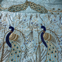 Load image into Gallery viewer, Aquatic Powder Blue Heavy Stone Work Peacock Design Velvet George Wrapper Set  - VG065
