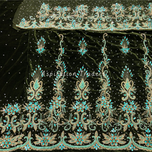 Load image into Gallery viewer, Neutral Olive Green Velvet Fabric With Handcrafted Sky Blue Crystal Stone Work George Wrapper Set - VG066
