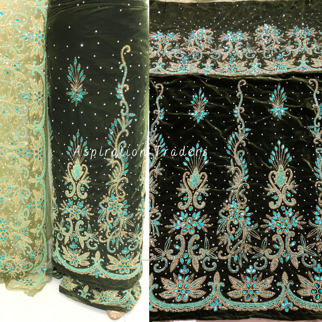 Neutral Olive Green Velvet Fabric With Handcrafted Sky Blue Crystal Stone Work George Wrapper Set - VG066