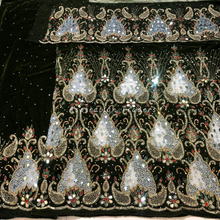Load image into Gallery viewer, Rich Navy Blue Sequined Work Multi coloured Crystal Stone Beaded Velvet George Wrapper Set - VG069
