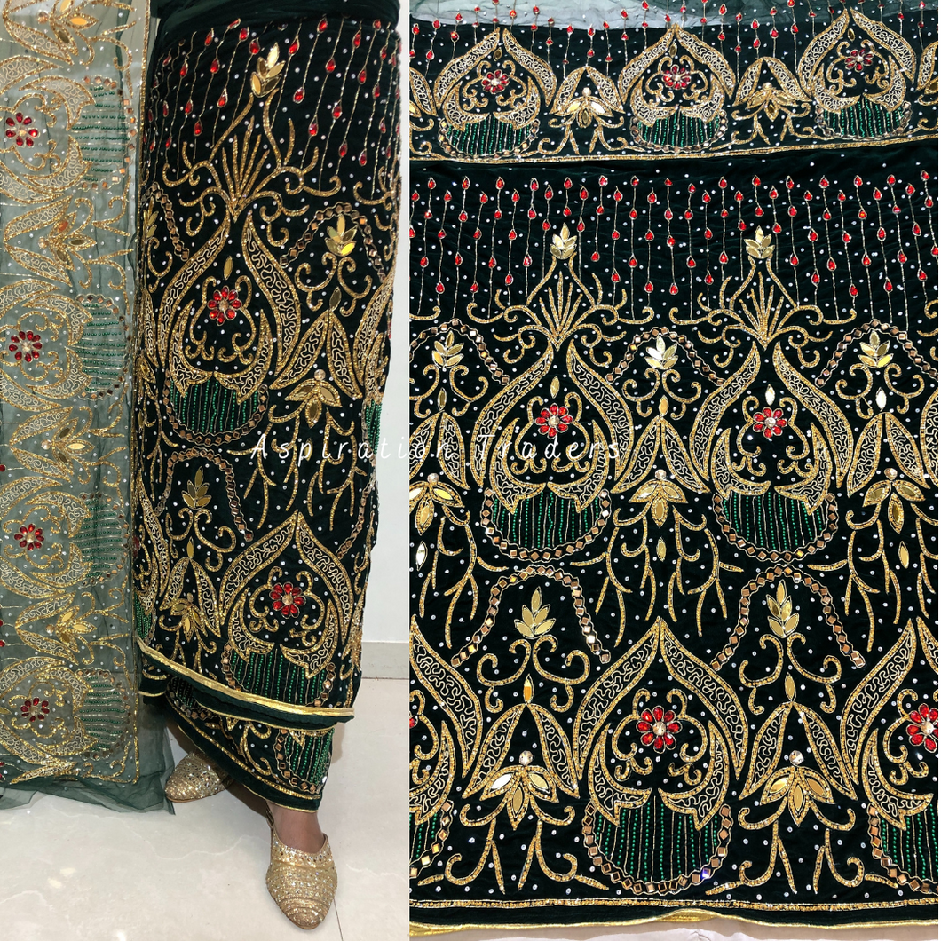 Rich Dark Green Handcrafted Roxy Stone Beaded Velvet Fabric George Wrapper Set - VG070
