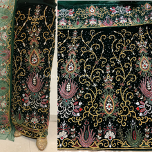 Load image into Gallery viewer, Emerald Dark Green Handcrafted Heavy Crystal Stone Beaded Velvet Fabric George Wrapper Set - VG072
