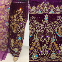 Load image into Gallery viewer, Eye Catching Magenta Heavy Multi Rhinestone Beaded Velvet Nigerian George Wrapper Set - VG076
