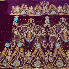 Load image into Gallery viewer, Eye Catching Magenta Heavy Multi Rhinestone Beaded Velvet Nigerian George Wrapper Set - VG076
