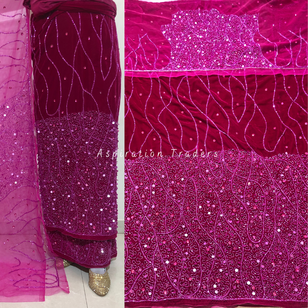 Beautiful Pink Beaded  Designer Velvet Fabric Nigerian George Wrapper Set - VG079