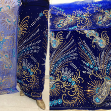 Load image into Gallery viewer, Royal Blue Crystal Stone Beaded Velvet Fabric Nigerian George Wrapper Set - VG081
