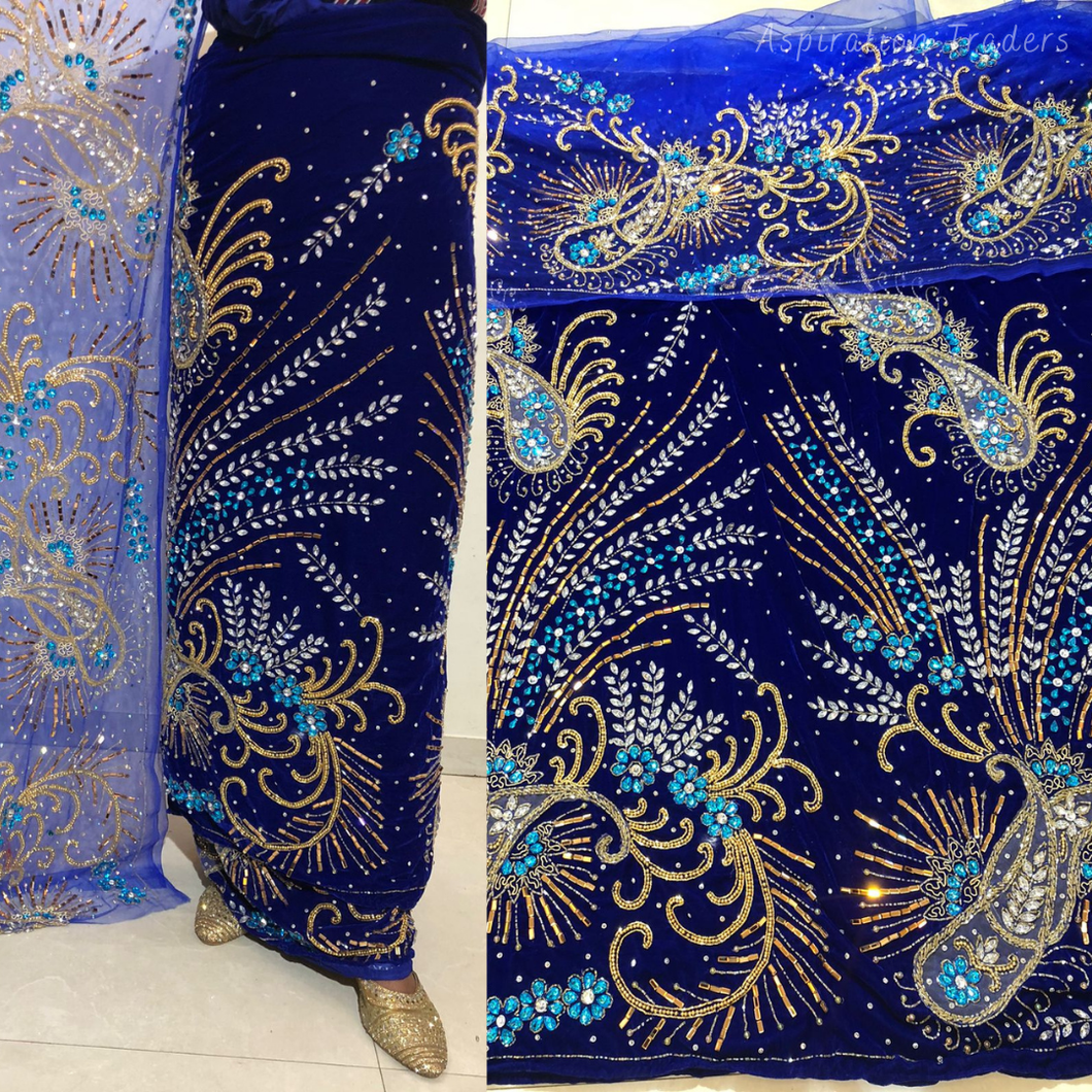 Royal Blue Crystal Stone Beaded Velvet Fabric Nigerian George Wrapper Set - VG081