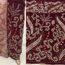 Load image into Gallery viewer, Bright Maroon Heavy Stone Beaded Velvet Fabric Nigerian George Wrapper Set - VG082
