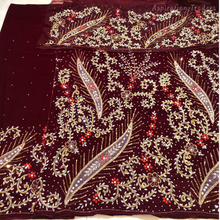 Load image into Gallery viewer, Bright Maroon Heavy Stone Beaded Velvet Fabric Nigerian George Wrapper Set - VG082
