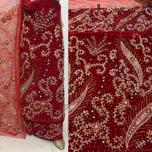 Load image into Gallery viewer, Bright Maroon Heavy Stone Beaded Velvet Fabric Nigerian George Wrapper Set - VG082
