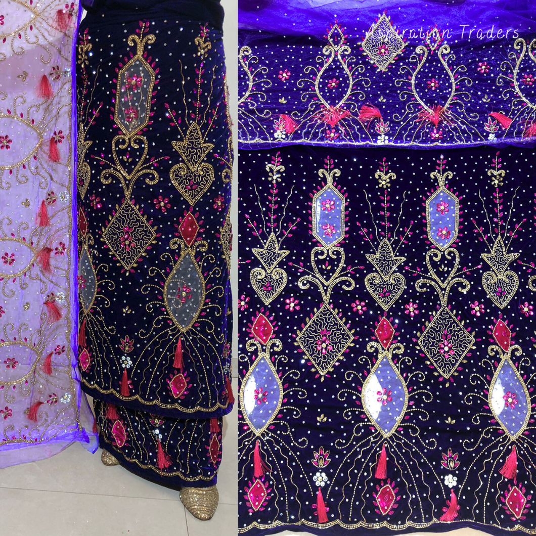 Eye Catching Purple Heavily Beaded with Thread fringes Designer Velvet Fabric Nigerian George Wrapper Set - VG083