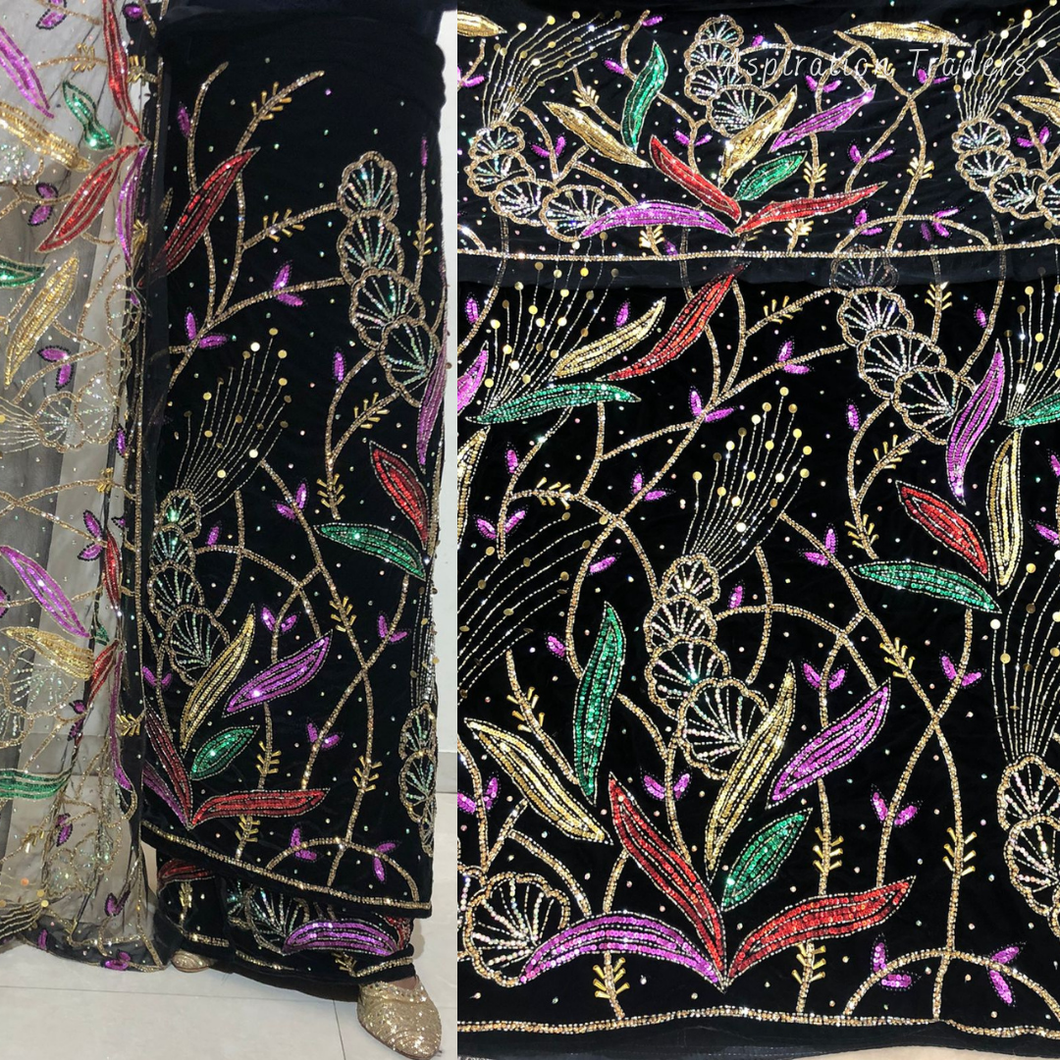 Iconic Black Crystal Stone Beaded Designer Velvet Fabric Nigerian George Wrapper Set - VG084