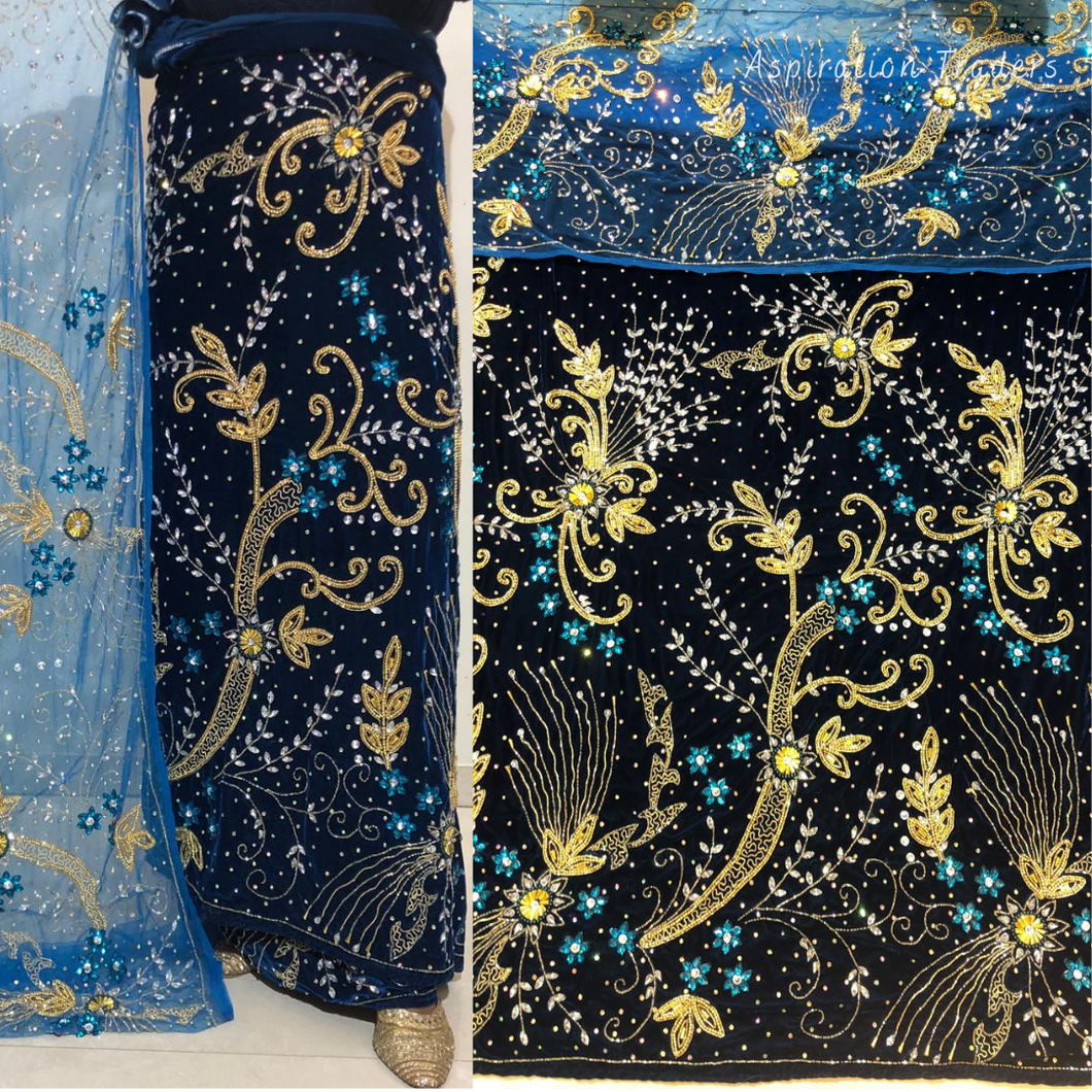 Elegant Turquoise Blue  Crystal Stone Beaded Designer Velvet Fabric Nigerian George Wrapper Set - VG085