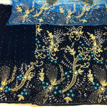 Load image into Gallery viewer, Elegant Turquoise Blue  Crystal Stone Beaded Designer Velvet Fabric Nigerian George Wrapper Set - VG085
