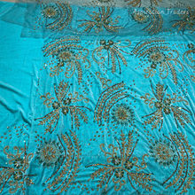 Load image into Gallery viewer, Sober Sky Blue Crystal Stone Beaded Designer Velvet Fabric George Wrapper Set - VG087
