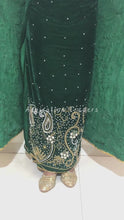 Load and play video in Gallery viewer, Rich Nigerian Green Mirror work &amp; Crystal Stone Beaded Velvet George Wrapper Set With Gold Contrast Blouse  - VG064
