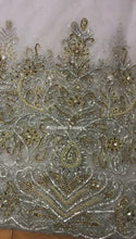 Load and play video in Gallery viewer, Exclusive Designer Applique Net Lace fabric with Silver Golden Glass Stone Beaded - AP025
