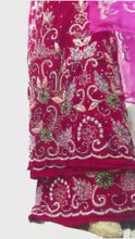 Load and play video in Gallery viewer, FUSHIA PINK High grade Velvet Heavy Beaded George Wrapper with Net Blouse - VG020
